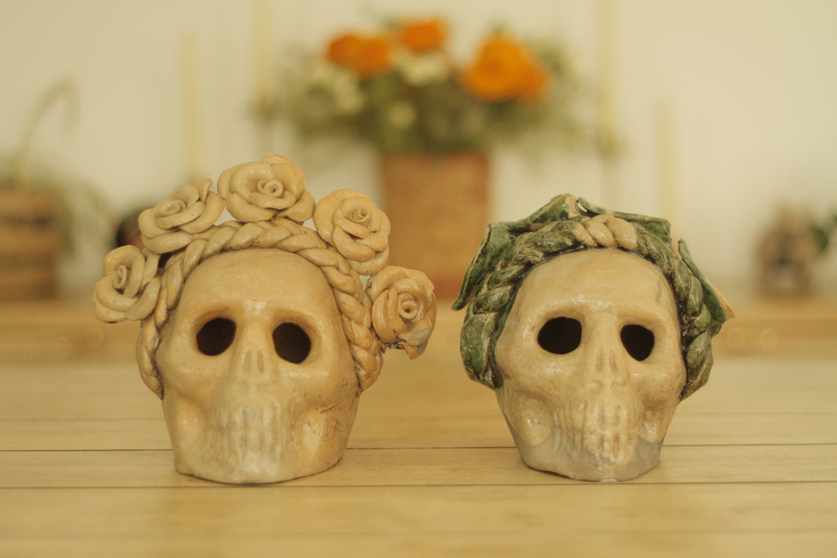 Atzompa Skull Alcatraz Flowers | Green Semi-Glazed