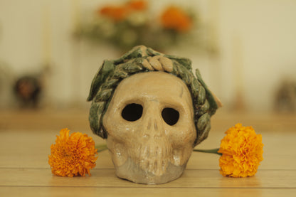 Atzompa Skull Alcatraz Flowers | Green Semi-Glazed