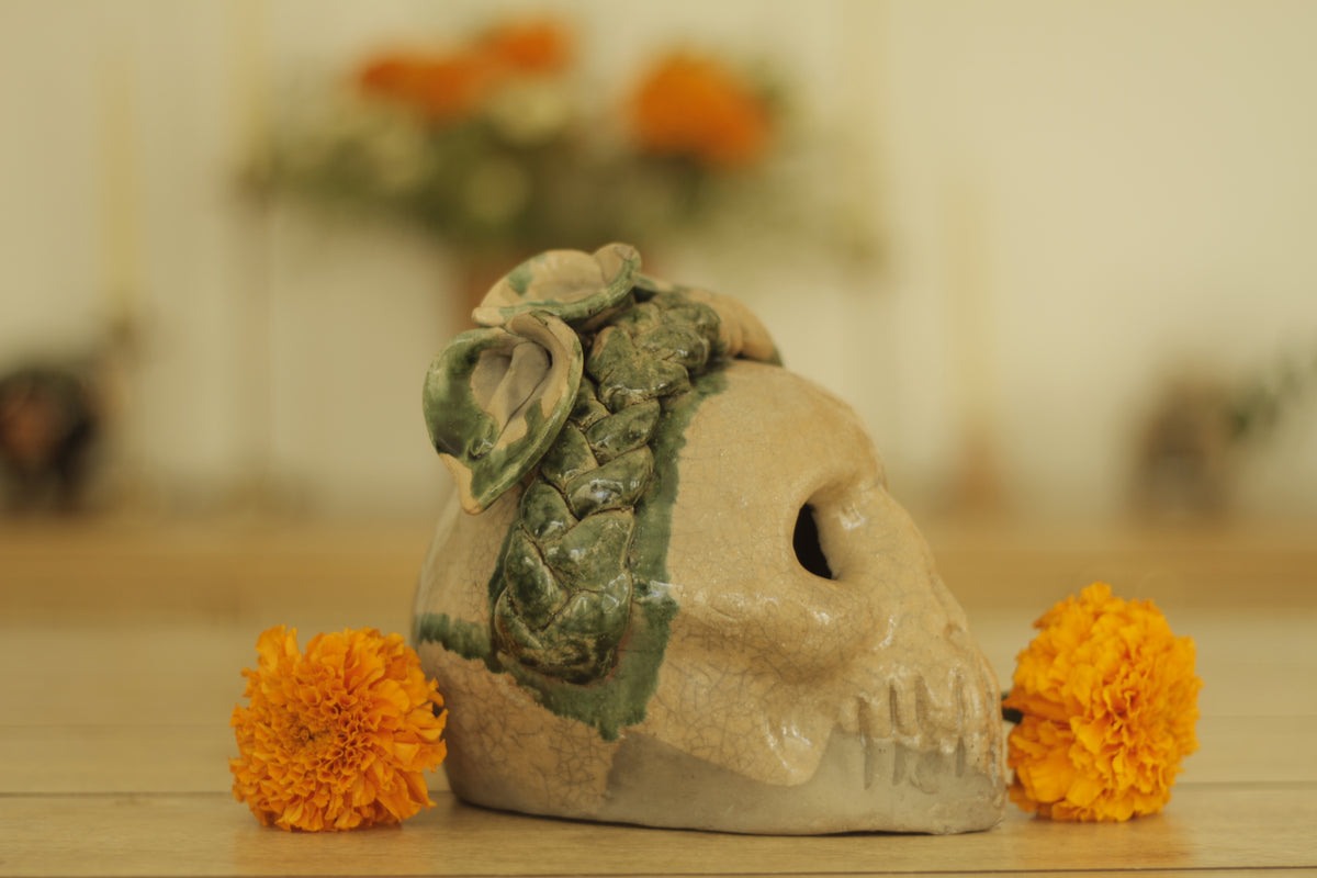 Atzompa Skull Alcatraz Flowers | Green Semi-Glazed