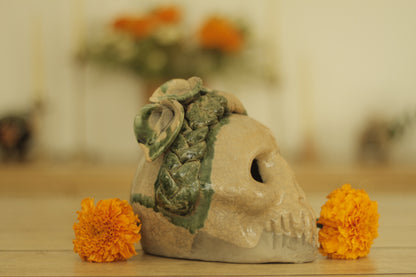 Atzompa Skull Alcatraz Flowers | Green Semi-Glazed