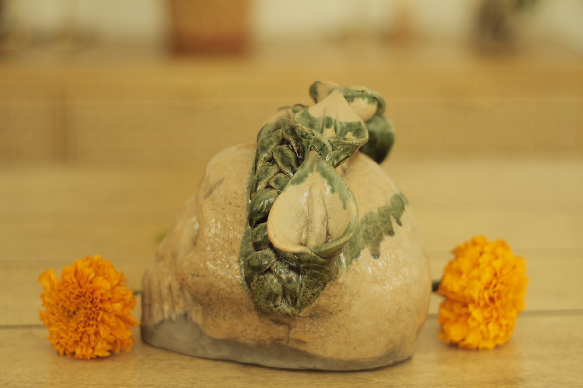 Atzompa Skull Alcatraz Flowers | Green Semi-Glazed