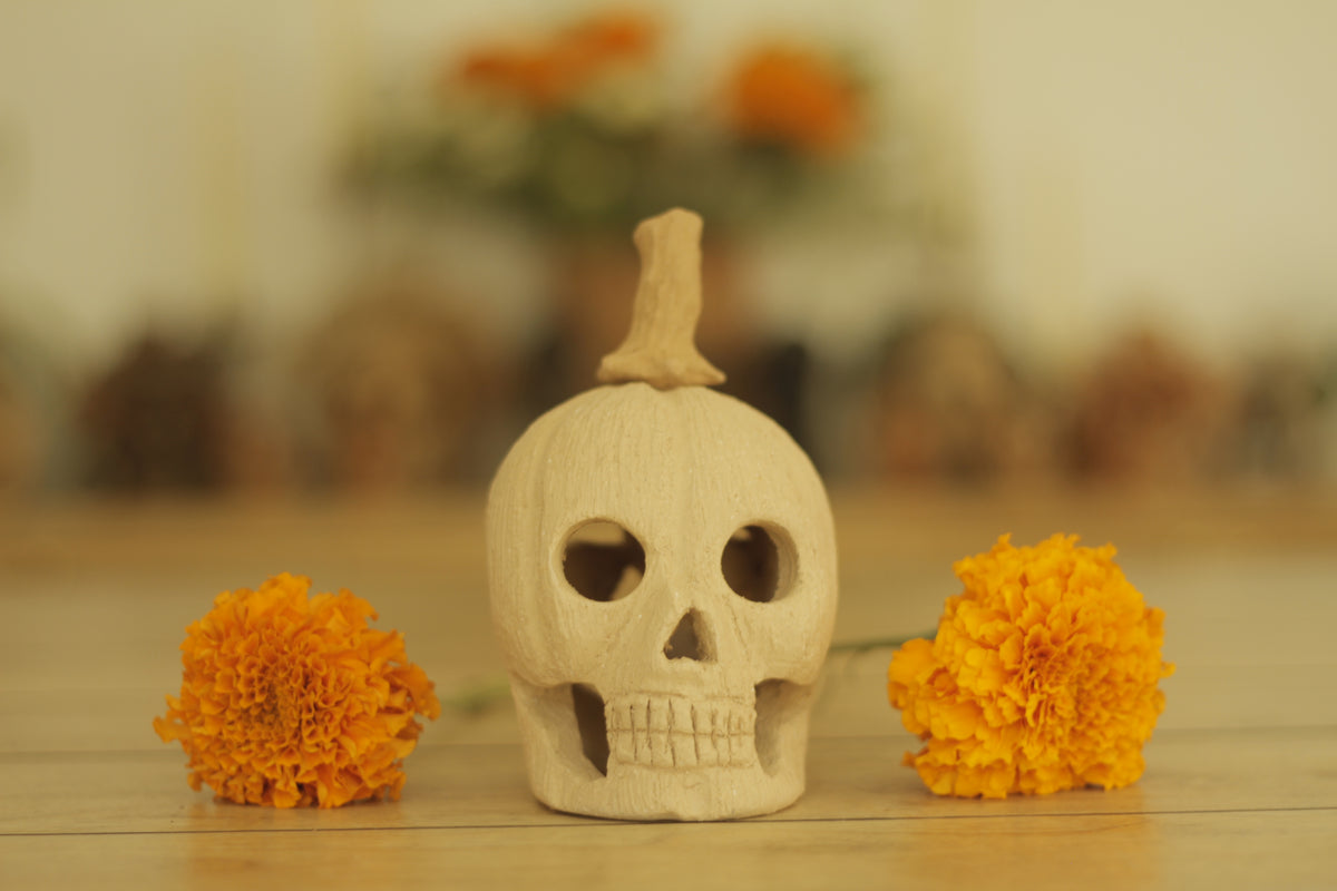 Clay Pumpkin & Skull Lantern
